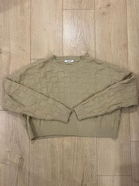 Basketweave Cropped Oversized Crewneck Sweater